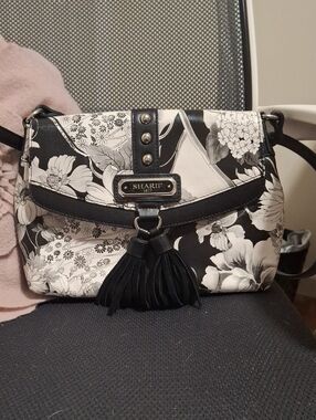 Sharif Black and White Floral Crossbody with Tassel Detail